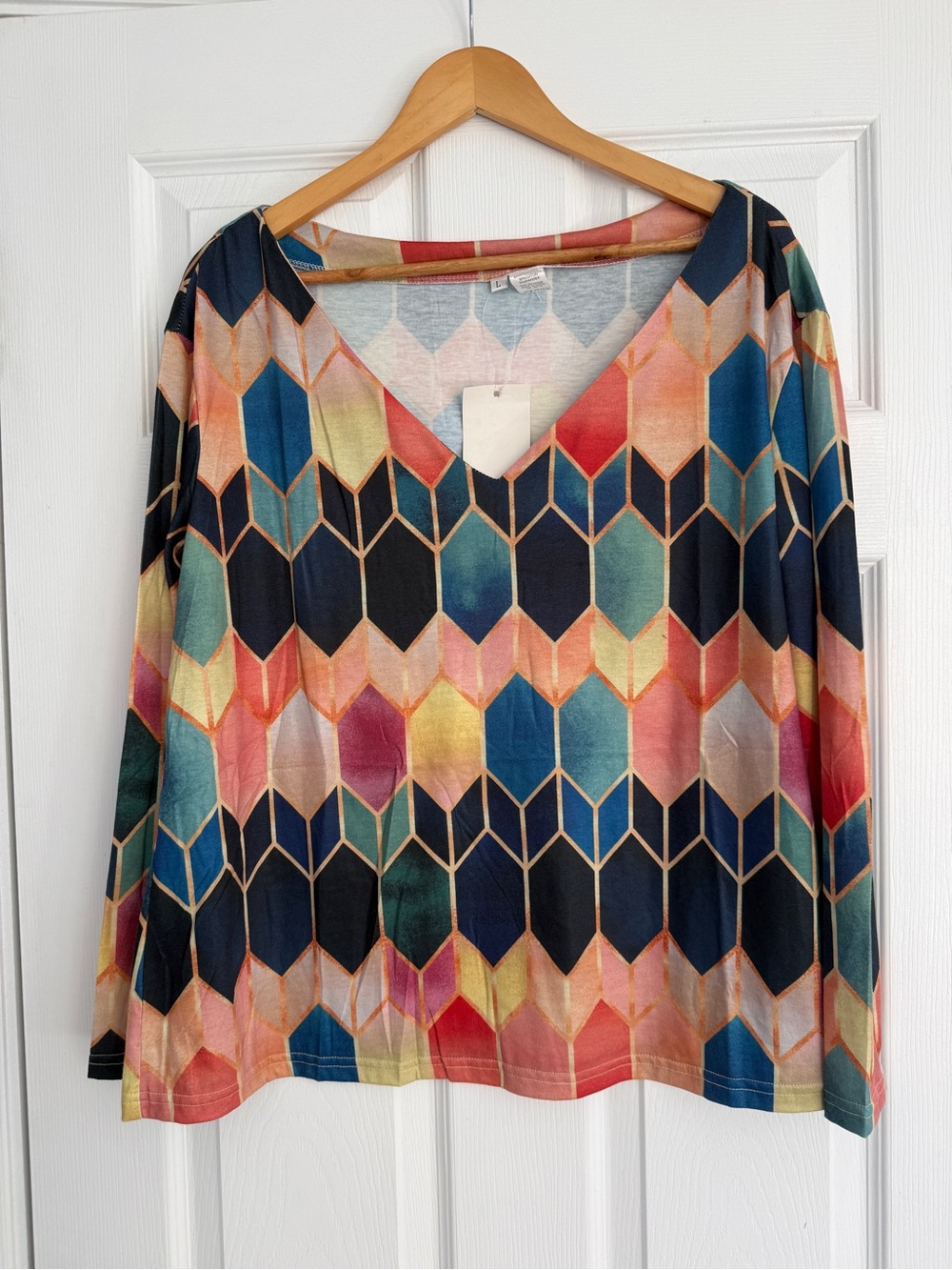 Long Sleeve Geometric V-Neck Top - Multi Color